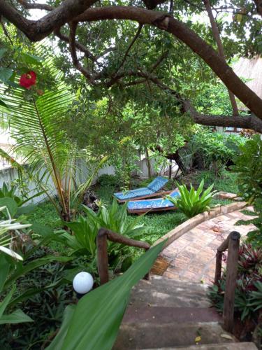 a garden with two lounges on the ground under a tree at Casa Camaleao Gekko Cottadge in Praia do Tofo