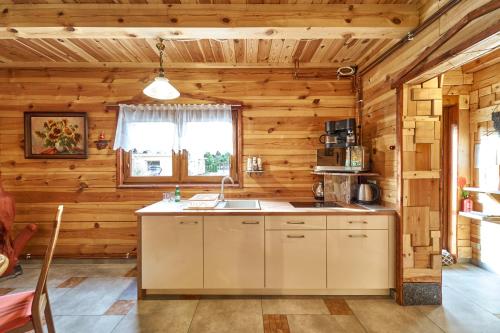 a kitchen in a log cabin with a sink at Marel-Apartments Domek Eva - Polanica Zdrój in Polanica-Zdrój