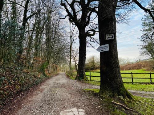 a dirt road next to a tree with a sign on it at Pentre Cerrig Country House in Llanferres