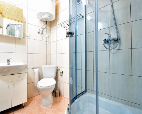 a bathroom with a toilet and a glass shower at DOMKI NA TURYSTYCZNEJ in Dąbki