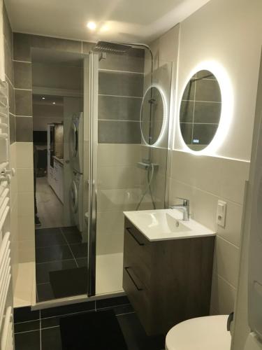 La salle de bains est pourvue d'une douche, d'un lavabo et de toilettes. dans l'établissement Joli appartement très bien situé - Perros-Guirec, à Perros-Guirec