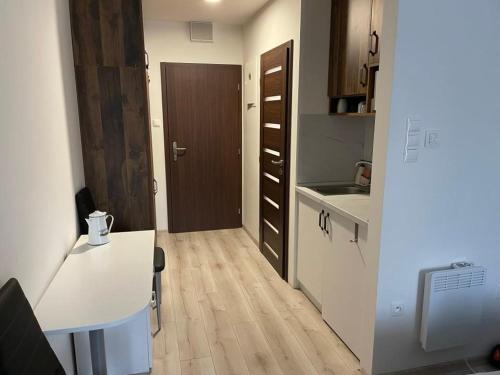a small kitchen with a sink and a counter top at Apartmán Rose in Podhájska