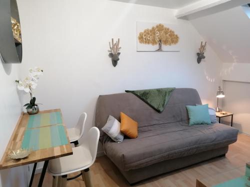 uma sala de estar com um sofá e uma mesa em Studio a 5 km de Berck-sur-Mer em Waben