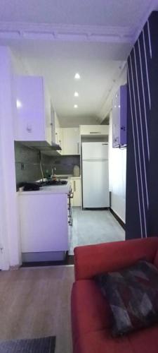 - une cuisine avec des placards blancs et un canapé rouge dans la chambre dans l'établissement Reya Besiktas, à Istanbul