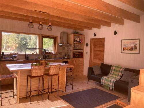 une cuisine et un salon avec un canapé et une table dans l'établissement Preciosa casa V. Cerro Castillo cercana Parque, à Villa Cerro Castillo