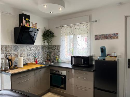 eine Küche mit einer Mikrowelle und einem schwarzen Kühlschrank in der Unterkunft maison entre Disneyland et Paris in Meaux