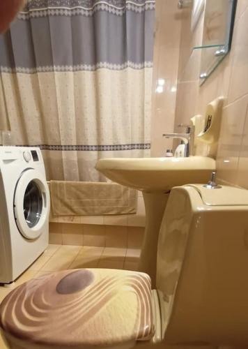 a bathroom with a toilet and a sink and a washing machine at Blackbeard's House - Kastri Crete in Kastrí