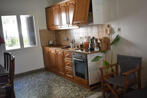 una cucina con mobili in legno e un forno a piano cottura di Blackbeard's House - Kastri Crete a Kastrí