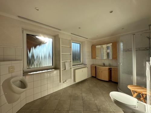 baño con urinario y lavabo en Heidhof en Bispingen