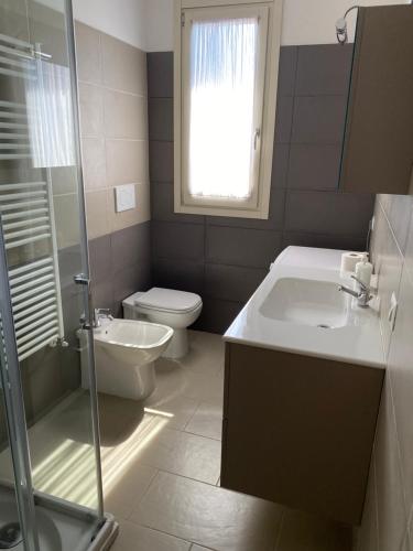 een badkamer met een toilet, een wastafel en een douche bij Appartamento Borgo Secolo in Peschiera del Garda