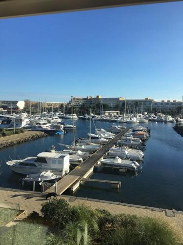 Une bande de bateaux amarrés dans un port de plaisance dans l'établissement Naturiste Cap d'Agde Port Vénus 113, au Cap d'Agde