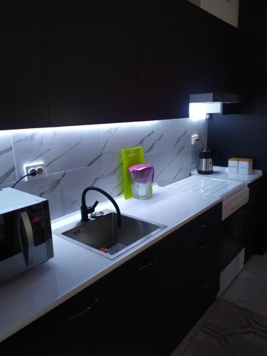a kitchen counter with a sink and a microwave at parkent plaza apartments in Tashkent