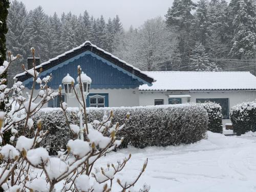 a house covered in snow with trees in the background at Ferienhaus Nadine 2023 komplett saniert in Bad Brambach