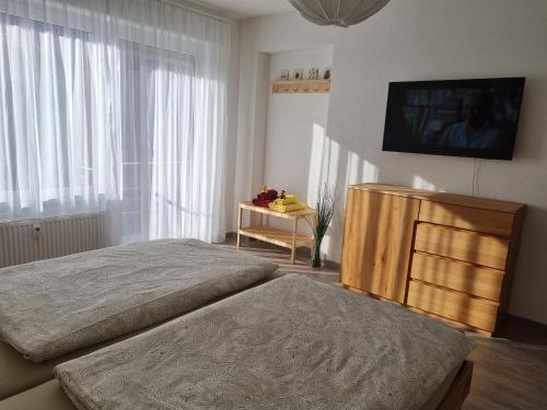 ein Schlafzimmer mit einem Bett und einem TV an der Wand in der Unterkunft Ferienwohnung am Enzufer mit Wintergarten Bad Wildbad im Schwarzwald in Bad Wildbad