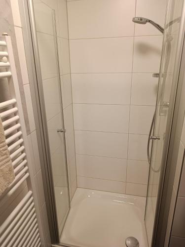 a bathroom with a shower with a glass door at Gästehaus Ferienglück Grainau in Grainau