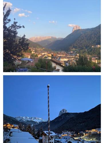 two photographs of a city and a mountain at Hotel Villa Emilia in Ortisei