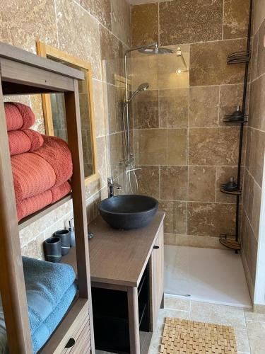 une salle de bain avec un lavabo et une douche dans l'établissement Gite cosy entre Gordes et Isle sur la Sorgue, à Lagnes