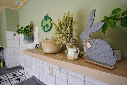 eine Küchentheke mit einem Regal mit Pflanzen und einem Kaninchen darauf in der Unterkunft „Grüne Höhle“ in Schwerin in Schwerin