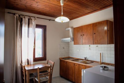 a kitchen with a table and a sink and a table and a window at Studio Sevasti in Kala Nera