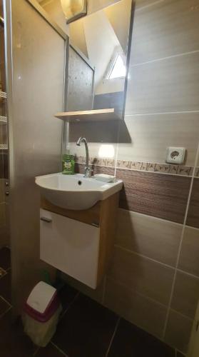 La salle de bains est pourvue d'un lavabo et d'un miroir. dans l'établissement Cosy & Spacious Terrace Flat, à Istanbul