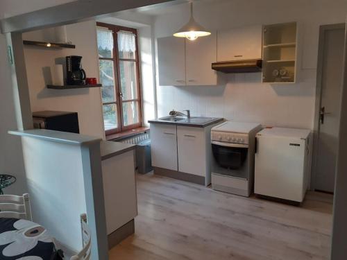 kuchnia z białymi urządzeniami i drewnianą podłogą w obiekcie Appartement accueillant au cœur de La Margeride w mieście Grandrieu