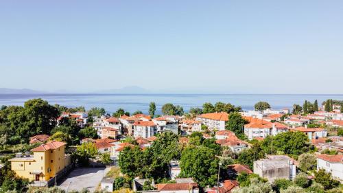 an aerial view of a town with orange roofs at Studio Sevasti in Kala Nera