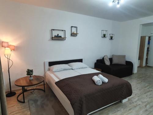 ein Schlafzimmer mit einem Bett, einem Stuhl und einem Tisch in der Unterkunft Apartament Relaxa Green 1 in Târgu Mureș