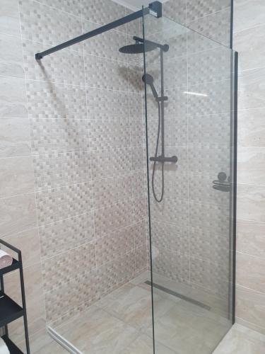 a shower with a glass door in a bathroom at Apartament Relaxa Green in Târgu-Mureş