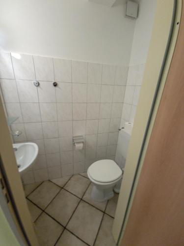 La petite salle de bains est pourvue de toilettes et d'un lavabo. dans l'établissement Monteur- & Ferienwohnung Wohnbach 2, à Wölfersheim