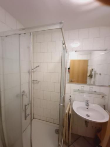 La salle de bains est pourvue d'une douche et d'un lavabo. dans l'établissement Monteur- & Ferienwohnung Wohnbach 2, à Wölfersheim