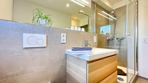 bagno con lavandino e doccia di W1 - Gästehaus Christian-Westphal-Str 60 - FERIENDOMIZIL HOLLICH a Grömitz