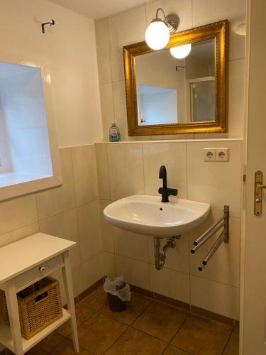 a bathroom with a sink and a mirror at Cottage - Artland's Home - Landhaus für Familien und Gruppen in Badbergen