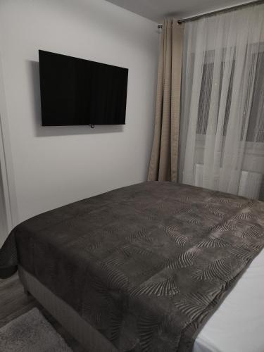 a bedroom with a bed and a flat screen tv at Coder Studio in Braşov