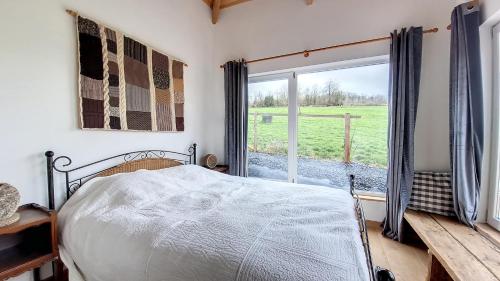 ein Schlafzimmer mit einem Bett und einem großen Fenster in der Unterkunft Le gîte de la ChèBrerie in Forrières