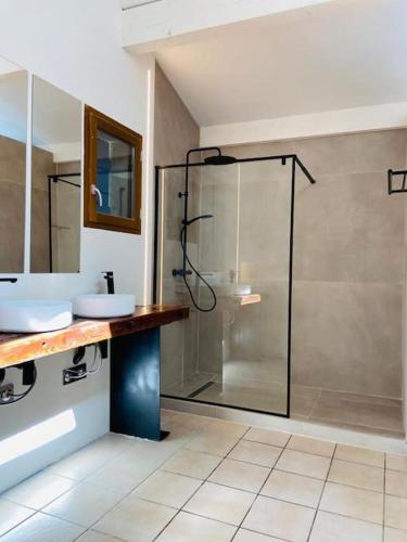 une salle de bain avec une douche en verre et un lavabo dans l'établissement Splendide villa 10p./4 suites/piscine/clim/paysage, à Bargemon