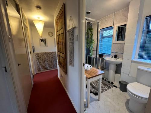 a bathroom with a toilet and a sink at Cosy private accommodation in Corsham, near Bath in Corsham