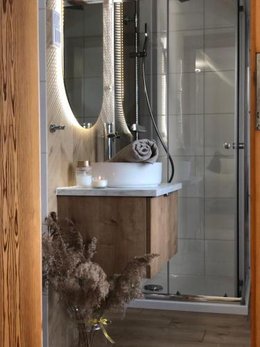 a bathroom with a shower and a sink at Pokoje agroturystyczne U Hani in Ostrzyce