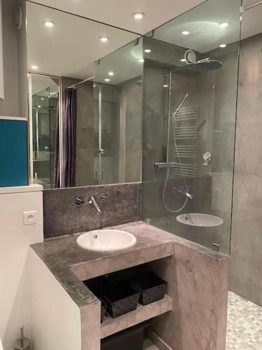 une salle de bain avec deux lavabos et une douche en verre dans l'établissement Charmant appartement à Port Grimaud, à Grimaud