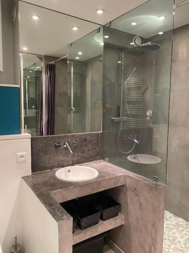 a bathroom with two sinks and a glass shower at Charmant appartement à Port Grimaud in Grimaud