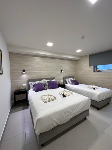 a hotel room with two beds with purple pillows at Santiago 2 in Castelo do Neiva