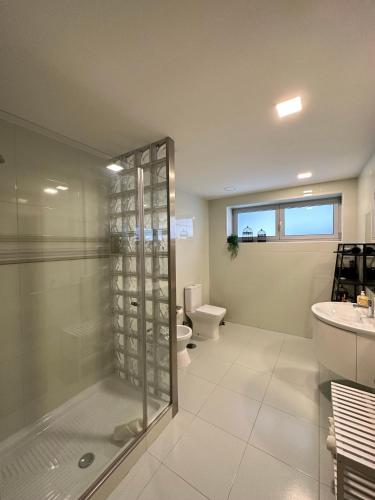a bathroom with a glass shower and a toilet at Santiago 2 in Castelo do Neiva