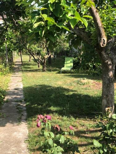 un parc avec un banc et des fleurs dans l'herbe dans l'établissement Chez Carmen, à Albi