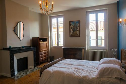 a bedroom with a bed and a fireplace and a chandelier at Chez Carmen in Albi
