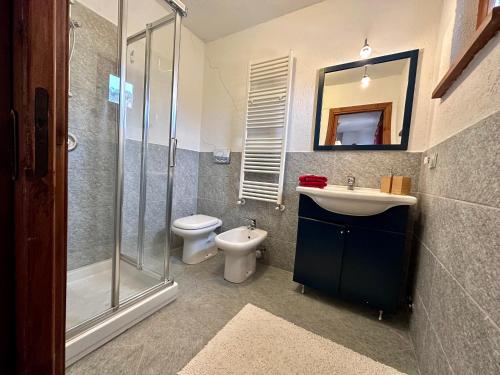 uma casa de banho com um WC, um lavatório e um chuveiro em La Baita di BessenHaut 