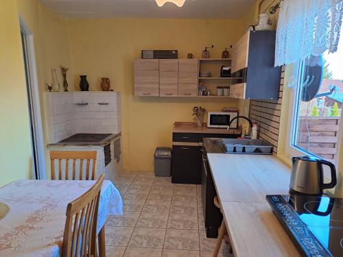 a kitchen with a table and a counter top at Domek u Jadzi in Zwierzyniec