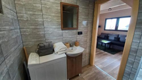 a bathroom with a sink and a washing machine at Domek Wakacyjny Pod Gruszą in Lubin