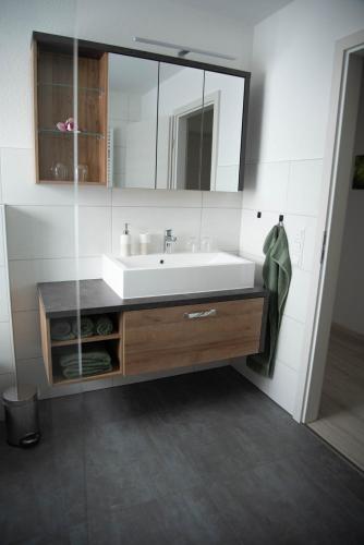 a bathroom with a sink and a mirror at Ferienhaus Sehmatal in Sehmatal