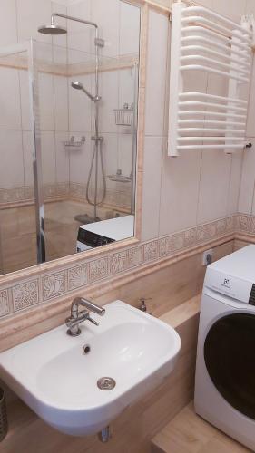 a bathroom with a sink and a mirror and a shower at Apartament Trzy Pokoje in Zamość