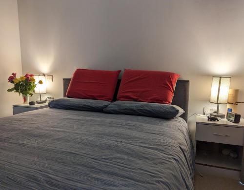a bedroom with a bed with two red pillows at Luxury One Bedroom Flat in Deptford in London