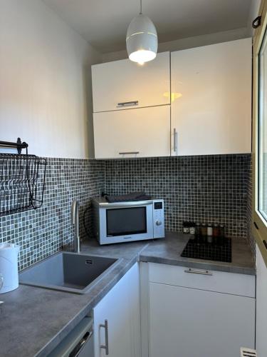 une cuisine avec un évier et un micro-ondes dans l'établissement Spacieux studio à Golfe Juan 2 minutes des plages, à Vallauris